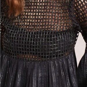 New Anthropologie Mauve open kit Black Crochet Blouse bell sleeves silver thread